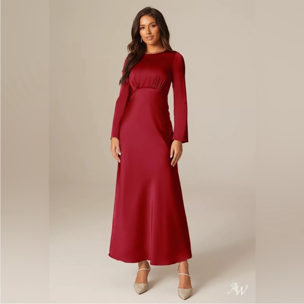 Chic Long Sleeve Red Satin Dress
